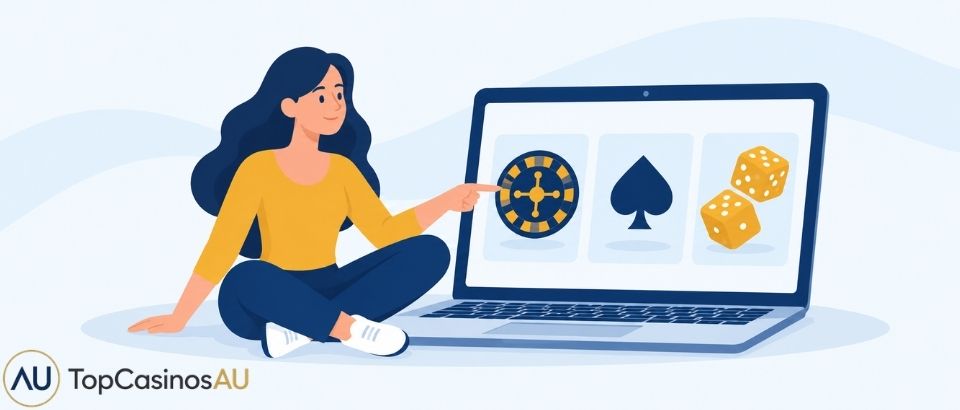 Player choosing casino games on a laptop
