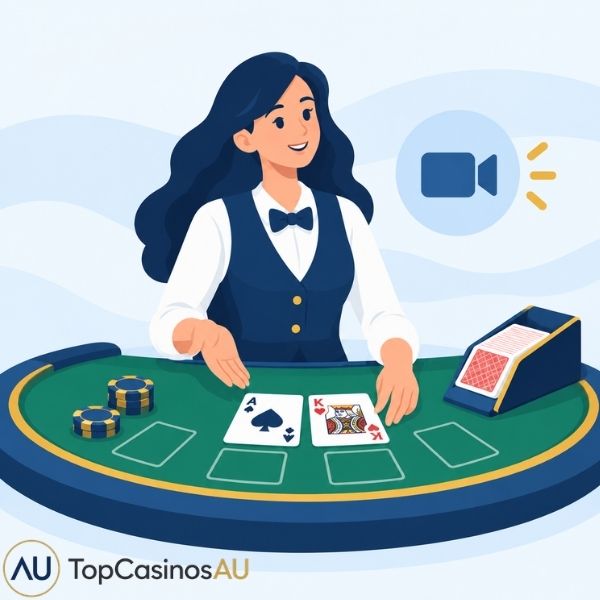 Live blackjack dealer presenting playing cards