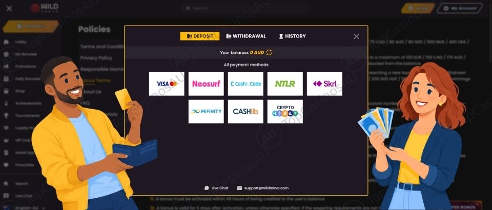 Wild Tokyo Casino payment methods